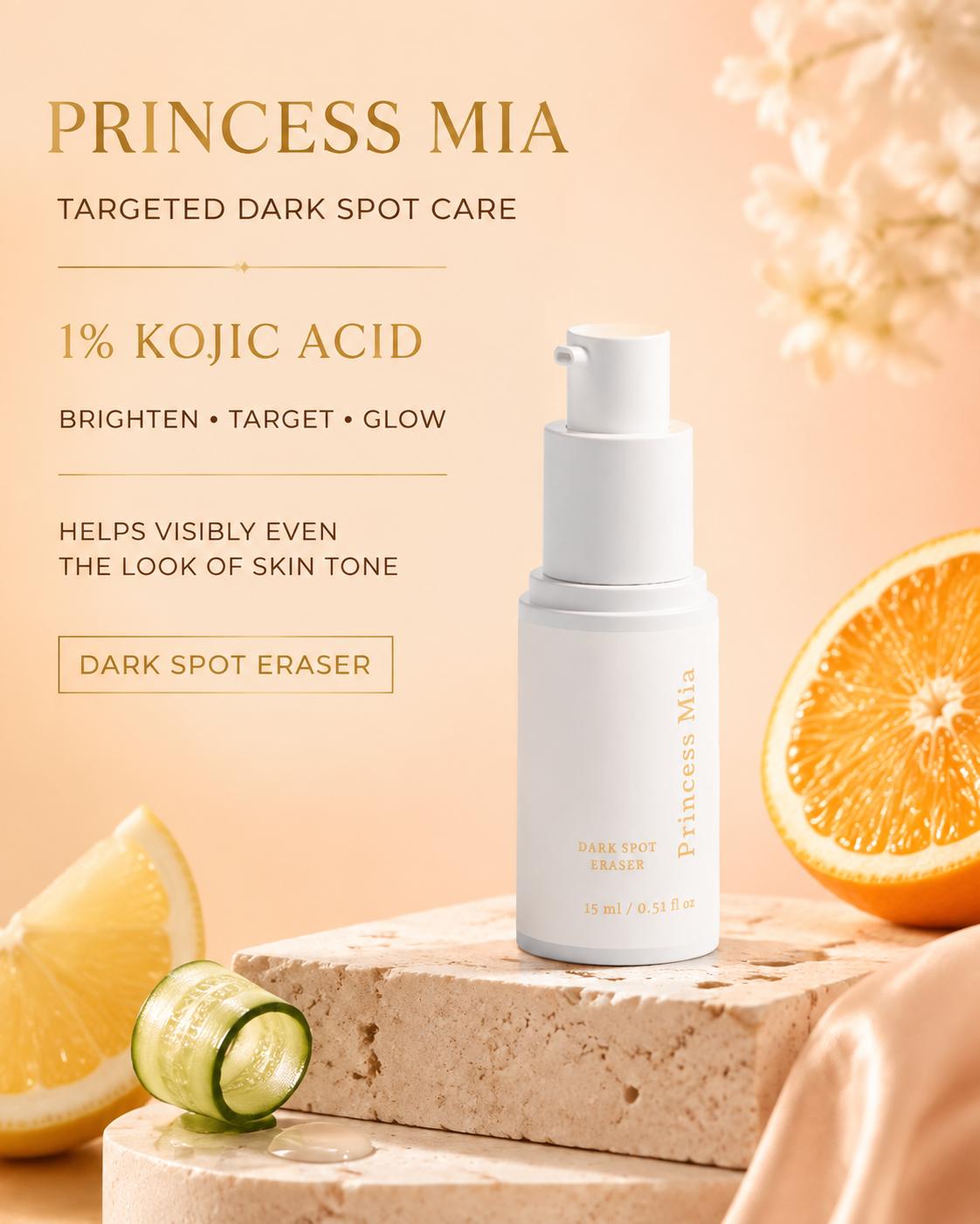 Princess Mia Dark Spot Eraser with 1% kojic acid, a targeted brightening serum designed to improve the appearance of dark spots and uneven skin tone.