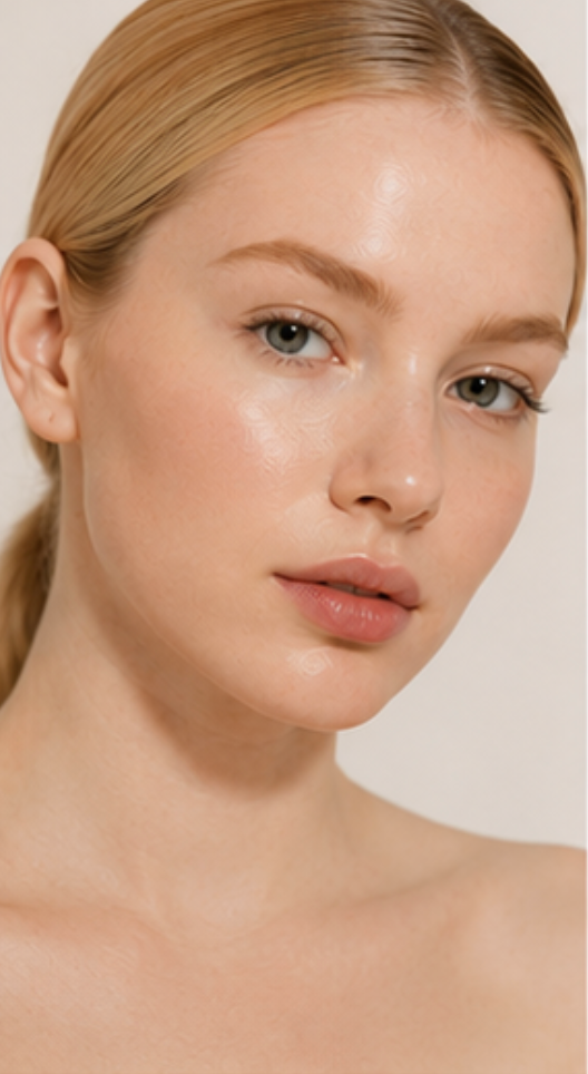 Beautiful blonde model with fair neutral skin tone wearing Princess Mia Foundation, showcasing smooth semi-matte skin, natural complexion, soft makeup, light eyes, and sleek blonde hair in a luxury beauty campaign.