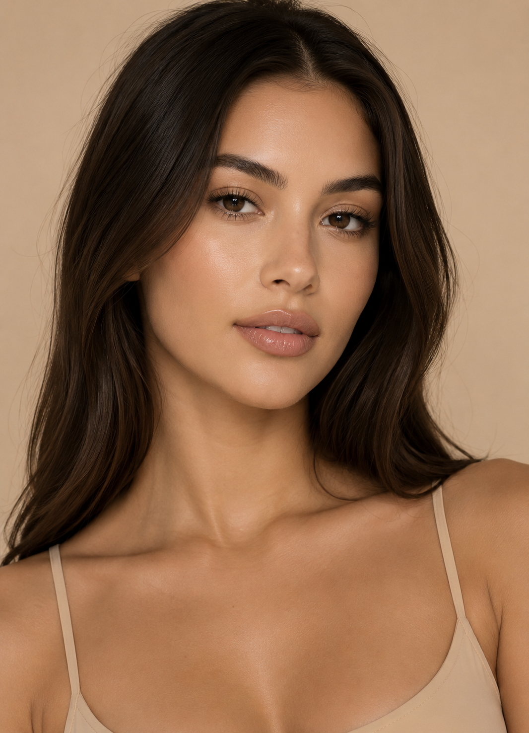 Beautiful brunette model with medium neutral skin tone wearing Princess Mia Foundation, featuring a flawless semi-matte complexion, natural glowing skin, brown eyes, and long dark brown hair in a luxury beauty portrait.