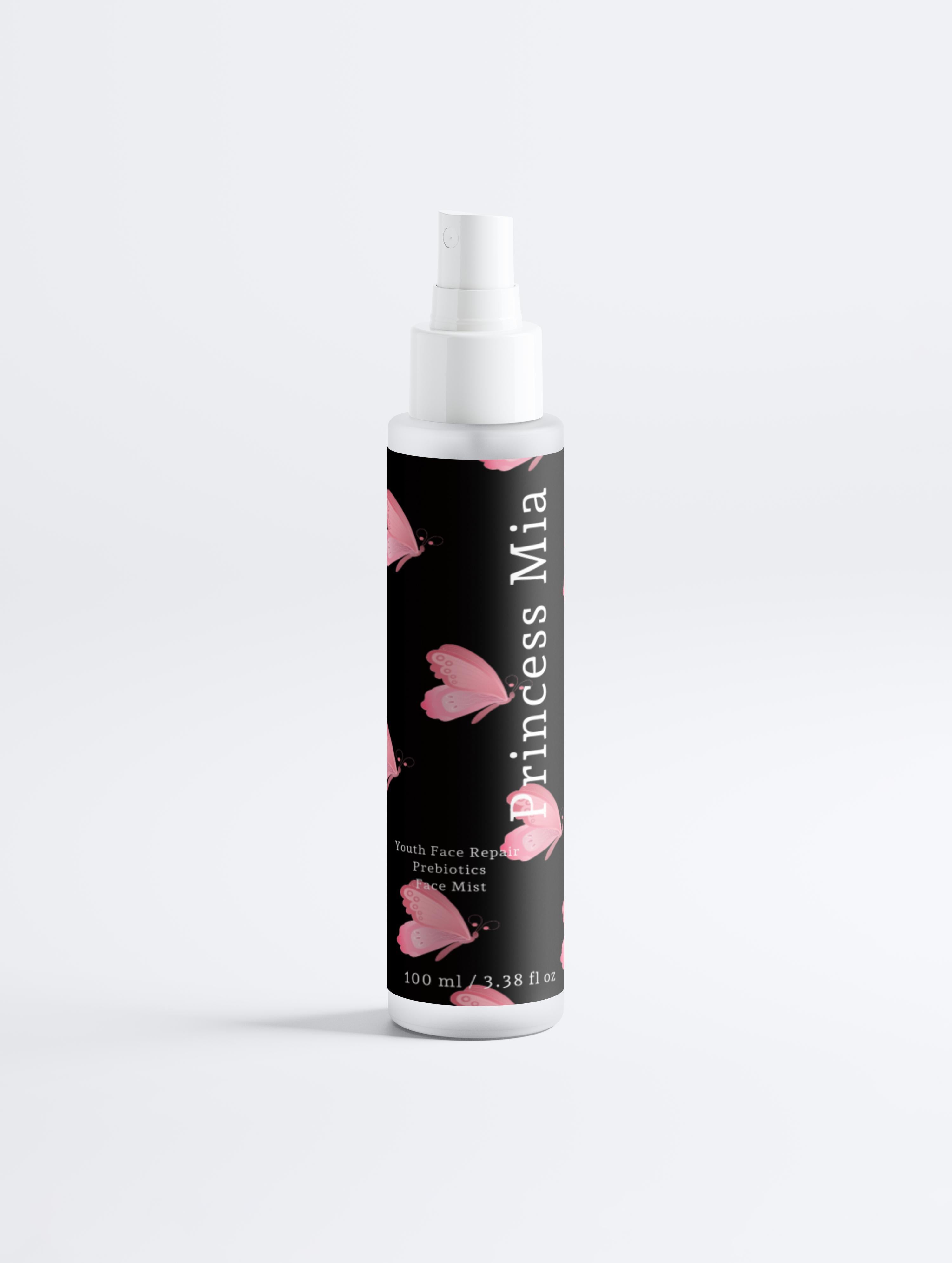 Spray bottle with black label featuring pink hearts on a white background