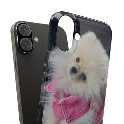 Phone case with a dog wearing a pink shirt on a white background