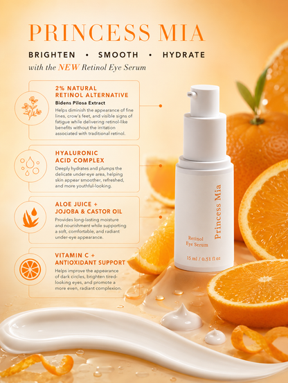 Princess Mia Retinol Eye Serum highlighting 2% Bidens Pilosa, Hyaluronic Acid, Aloe Juice, Jojoba Oil, Castor Oil, and Vitamin C for smoother, brighter, hydrated under-eyes.