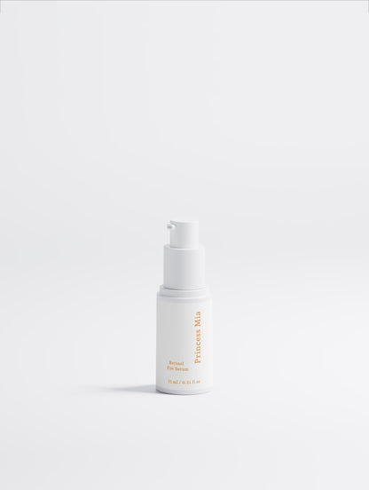 Princess Mia Retinol Eye Serum with 2% natural retinol alternative in a luxury white airless pump bottle for brightening dark circles, hydrating under-eyes, and reducing the appearance of fine lines.