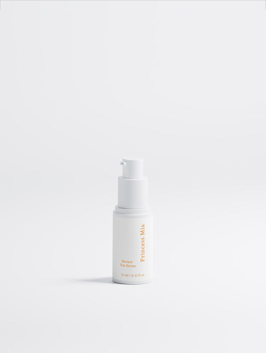 Princess Mia Retinol Eye Serum with 2% natural retinol alternative in a luxury white airless pump bottle for brightening dark circles, hydrating under-eyes, and reducing the appearance of fine lines.