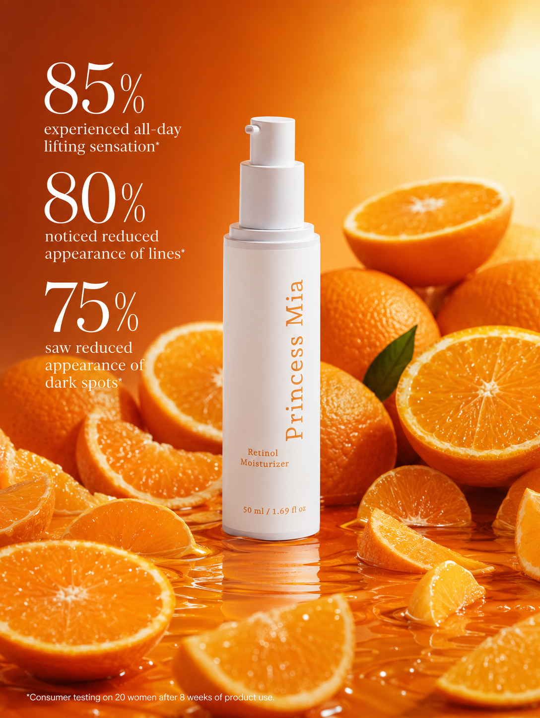 Princess Mia Retinol Moisturizer surrounded by fresh oranges showcasing clinical-inspired anti-aging skincare benefits and natural retinol alternative.