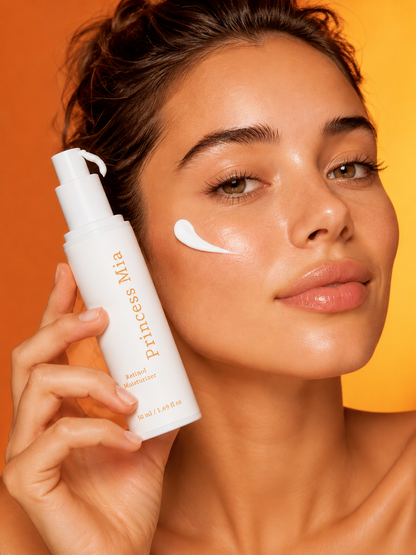 Model holding Princess Mia Retinol Moisturizer with a rich cream texture for smoother, firmer, hydrated, youthful-looking skin. 