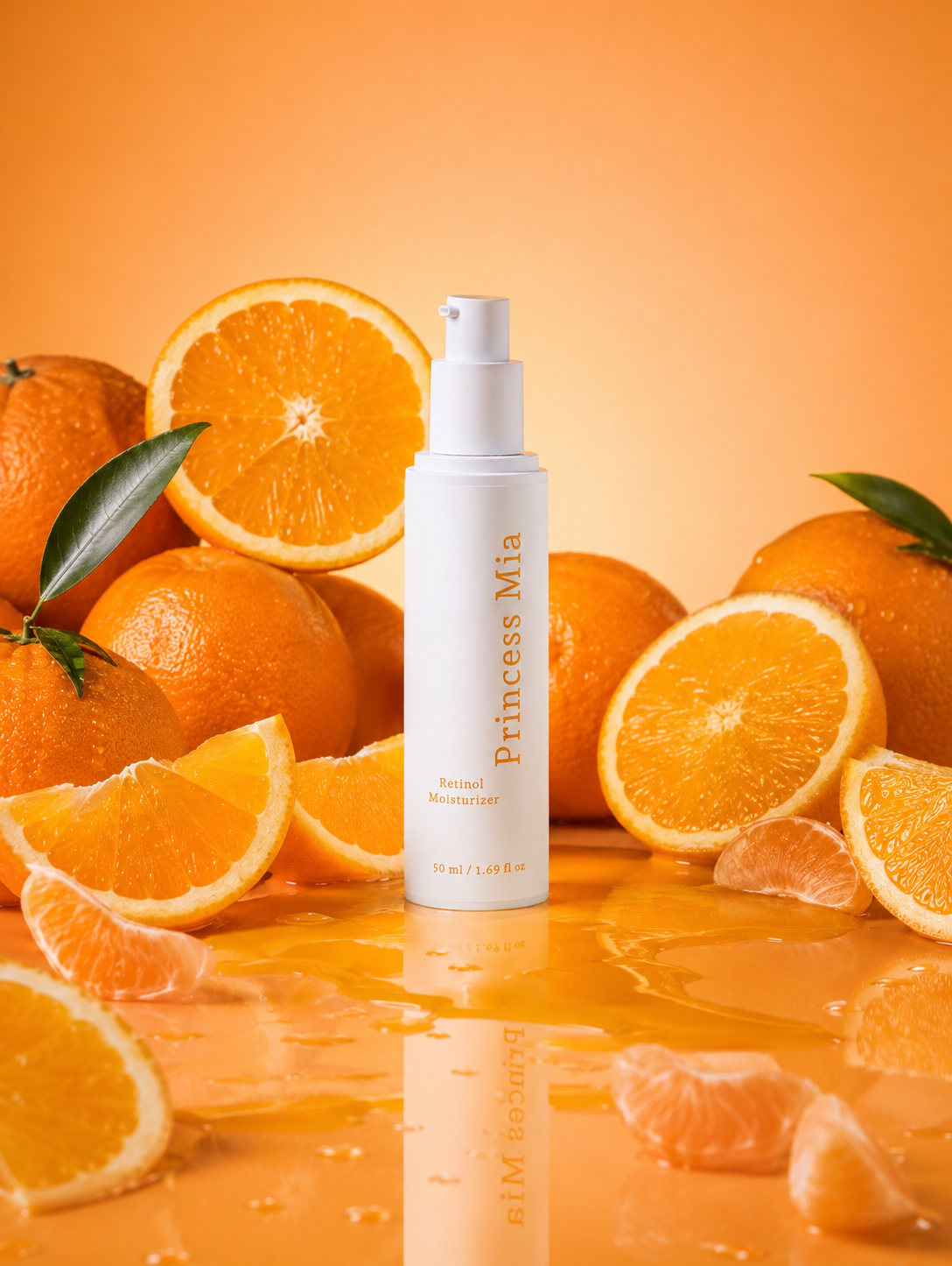 Princess Mia Retinol Moisturizer displayed with fresh oranges highlighting deep hydration, radiant skin, and a gentle retinol alternative.