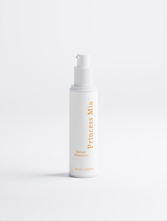 Princess Mia Retinol Moisturizer featuring a lightweight daily moisturizer with a natural retinol alternative in a white airless pump bottle.