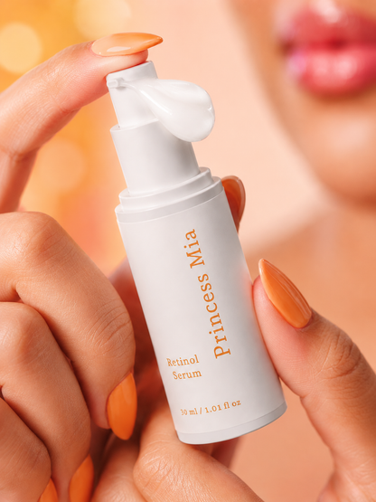 Close-up of Princess Mia Retinol Serum airless pump with silky plant-based retinol serum texture.