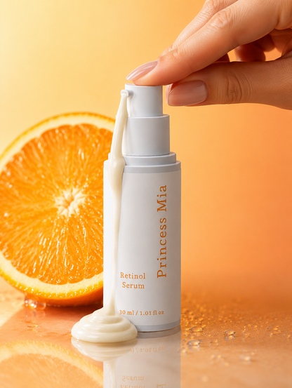 Princess Mia Retinol Serum dispensing from an airless pump bottle, showcasing its rich, hydrating lightweight serum texture.