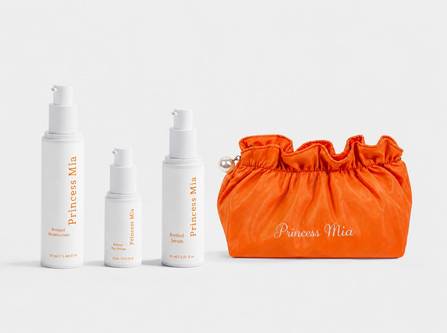 Princess Mia Retinol Skincare Bundle featuring Retinol Moisturizer, Retinol Eye Serum, Retinol Serum, and signature orange satin makeup bag.