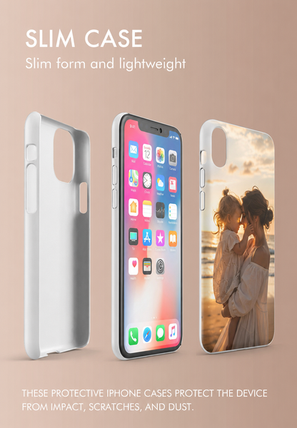 Slim phone case with a photo of two people on a beach, on a beige background.
